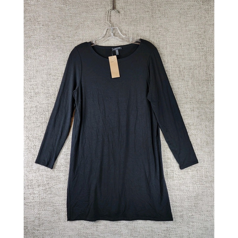 Eileen Fisher Viscose Jersey Tunic Top Womens MP Petite Black Bateau Neck Renew